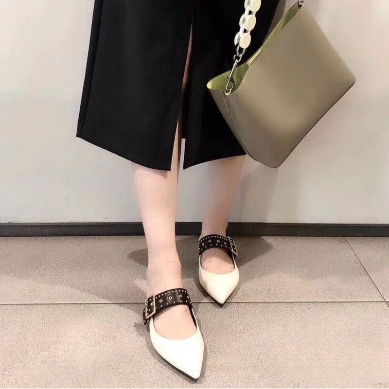 French Leather Shoes Rivet Retro Pointed Mary Jane Shoes Low Heel Single-Layer Shoes Baotou Mueller Shoes Half Slippers For Women - Image 3