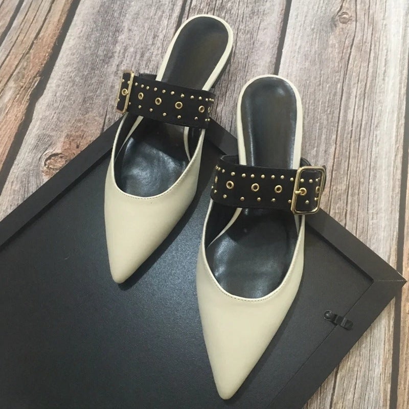 French Leather Shoes Rivet Retro Pointed Mary Jane Shoes Low Heel Single-Layer Shoes Baotou Mueller Shoes Half Slippers For Women - Image 1