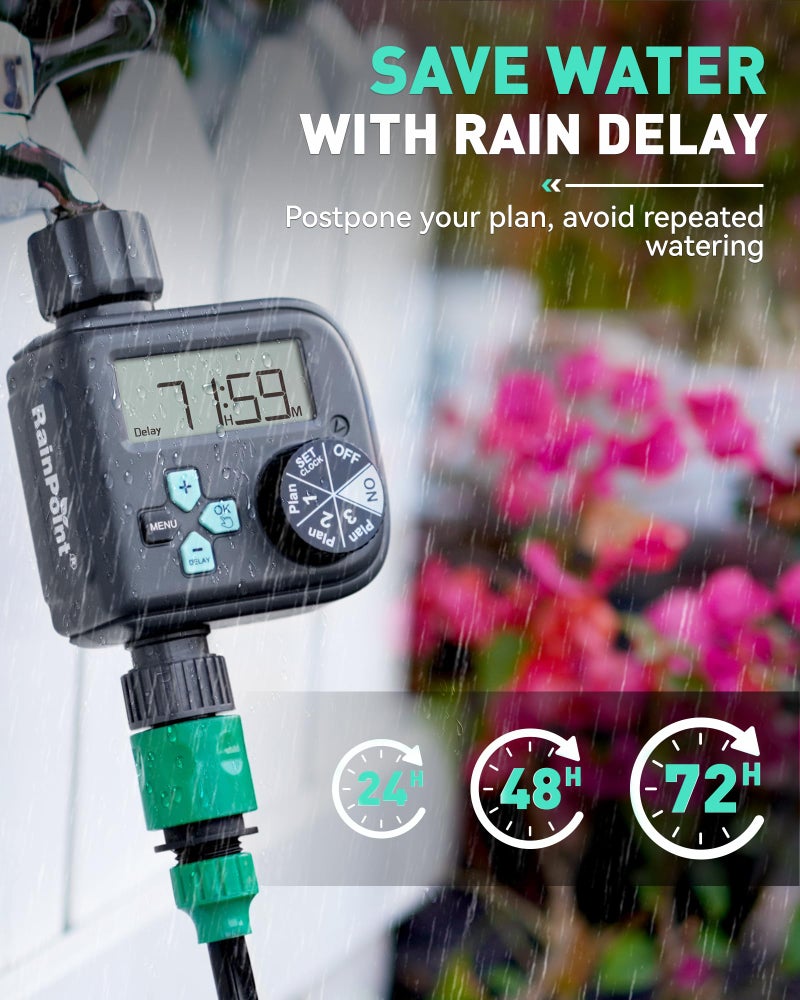 RAINPOINT Sprinkler Timer with 3 Independent Programs, Water Timer with Rain Delay/Manual/Automatic Irrigation Timer System, Waterproof Hose Timer 1 Outlet for Garden, Lawn, Yard - Image 5