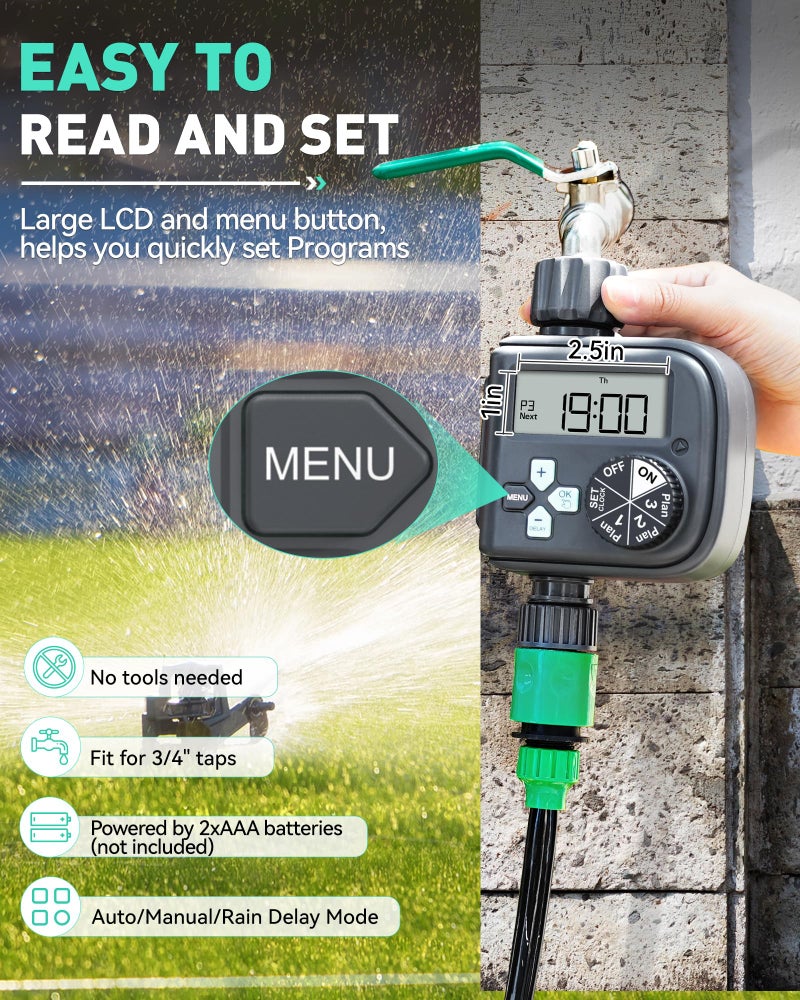 RAINPOINT Sprinkler Timer with 3 Independent Programs, Water Timer with Rain Delay/Manual/Automatic Irrigation Timer System, Waterproof Hose Timer 1 Outlet for Garden, Lawn, Yard - Image 4