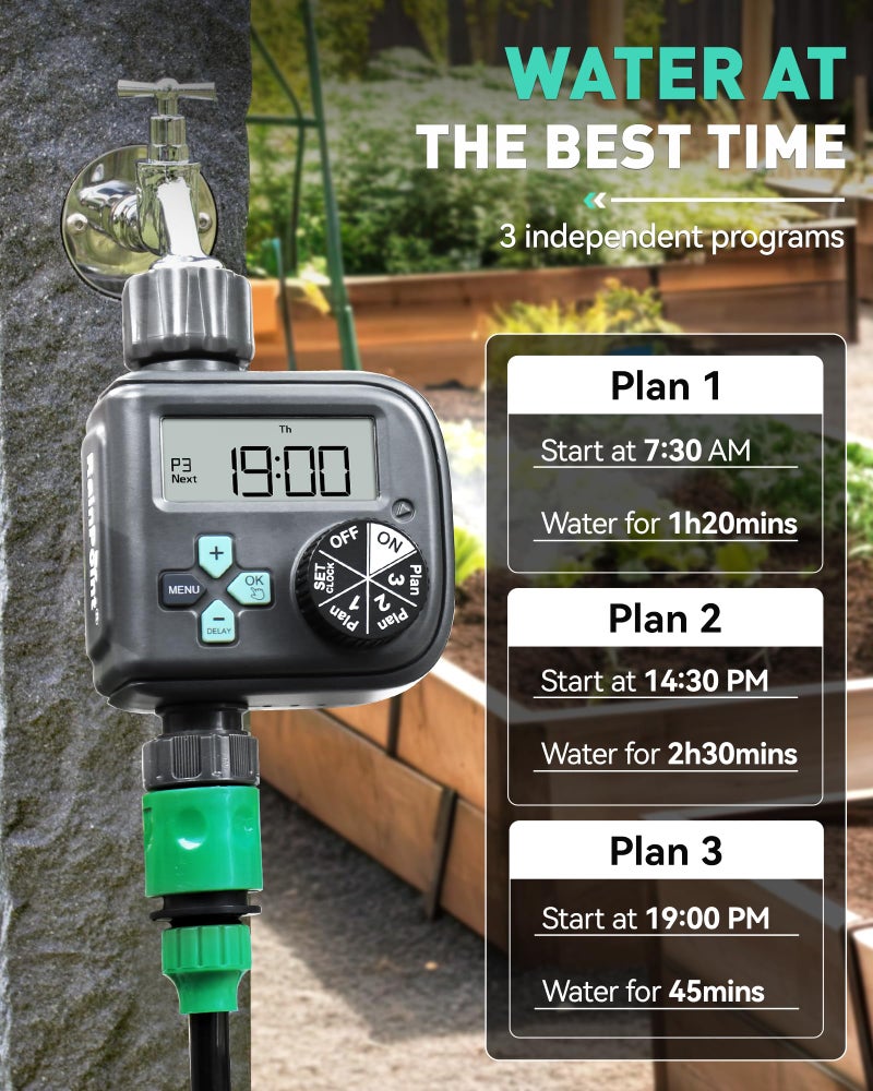 RAINPOINT Sprinkler Timer with 3 Independent Programs, Water Timer with Rain Delay/Manual/Automatic Irrigation Timer System, Waterproof Hose Timer 1 Outlet for Garden, Lawn, Yard - Image 2