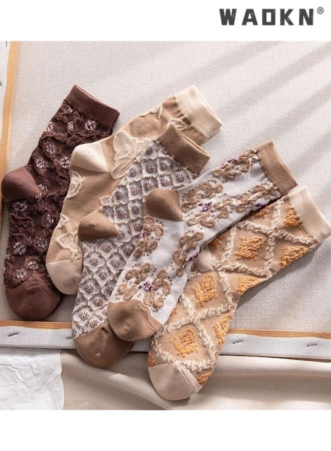 WAOKN 5pcs women socks , Lavish Lavender Argyle Socks, Elegant Vintage Floral Frill & Jeweled Cotton , suitable for Spring & Summer Style ,soft and comfortable , fashion and durable ,Sweat absorption and odor prevention . - Image 3