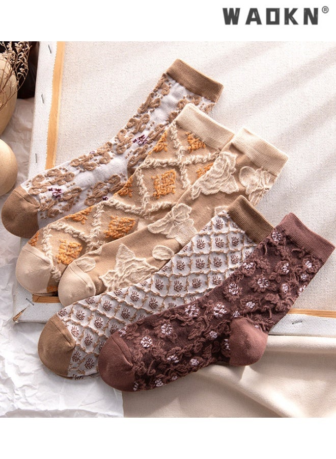 WAOKN 5pcs women socks , Lavish Lavender Argyle Socks, Elegant Vintage Floral Frill & Jeweled Cotton , suitable for Spring & Summer Style ,soft and comfortable , fashion and durable ,Sweat absorption and odor prevention . - Image 1