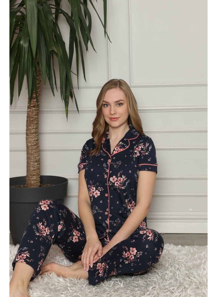 Bie's Women's Navy Blue Pink Floral Front Buttoned Shirt Collar Cotton Short Sleeve Pocket Pajama Set  - Image 3