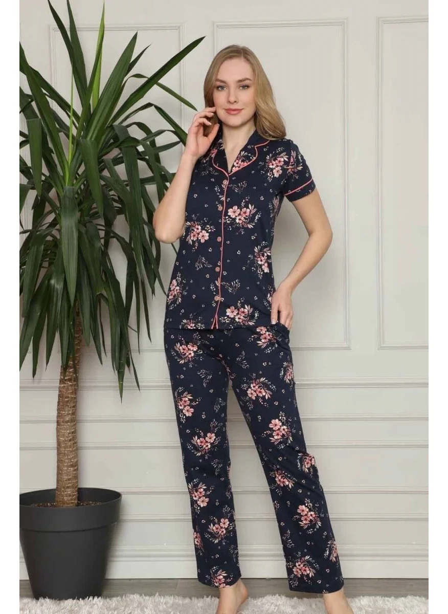 Bie'S Women's Navy Blue Pink Floral Front Buttoned Shirt Collar Cotton Short Sleeve Pocket Pajama Set