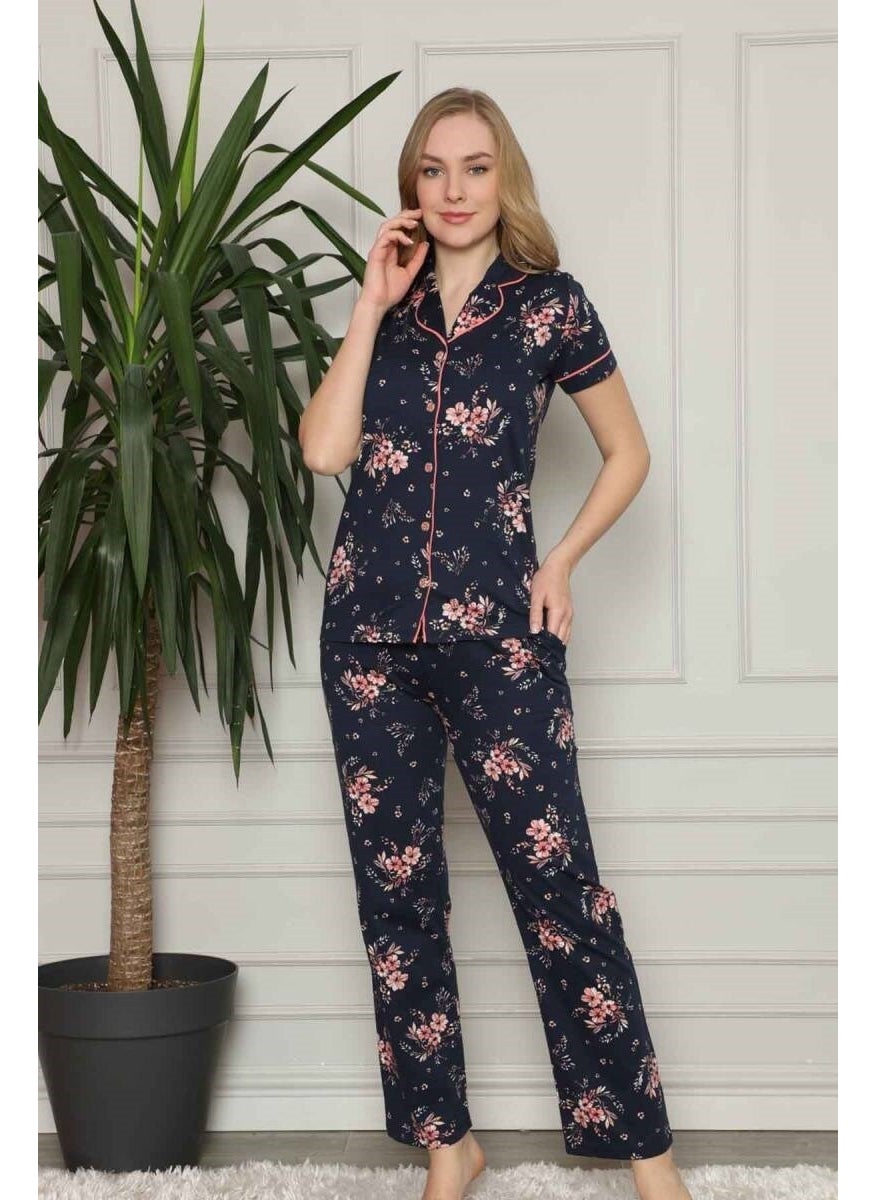 Bie's Women's Navy Blue Pink Floral Front Buttoned Shirt Collar Cotton Short Sleeve Pocket Pajama Set  - Image 1