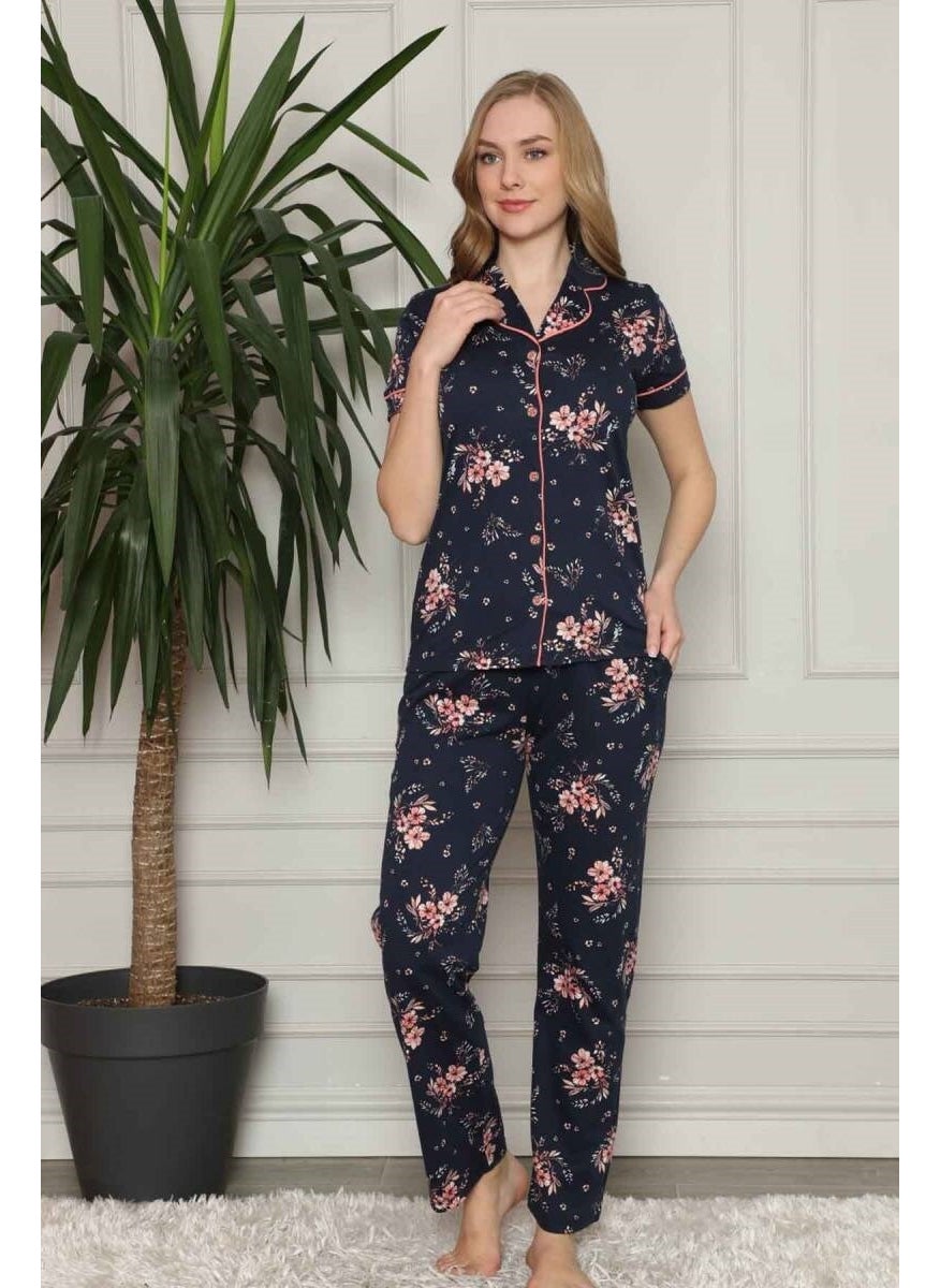 Bie's Women's Navy Blue Pink Floral Front Buttoned Shirt Collar Cotton Short Sleeve Pocket Pajama Set  - Image 4