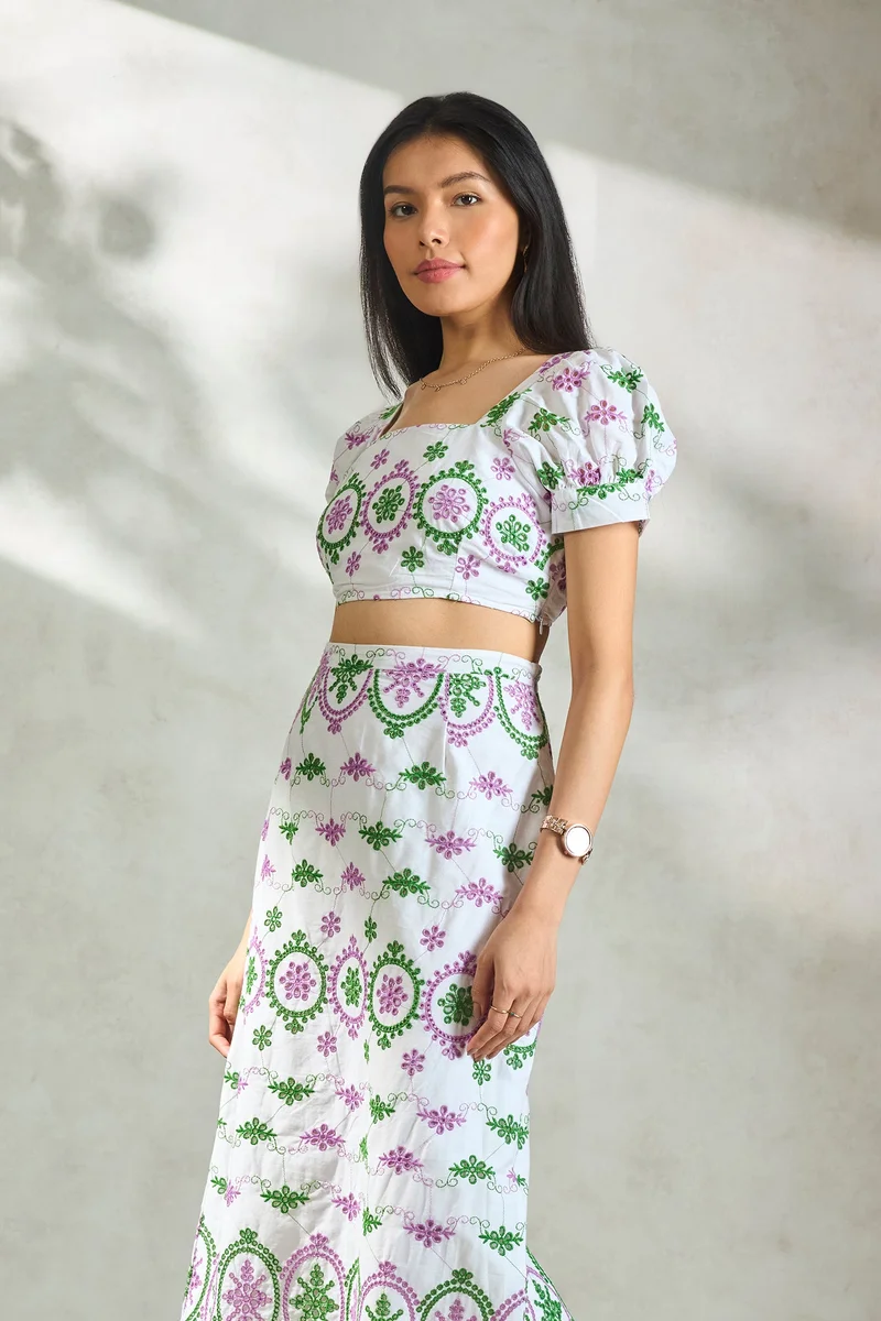 Virgio Embroidered Cotton Schiffli Crop Top With Puff Sleeves for Women