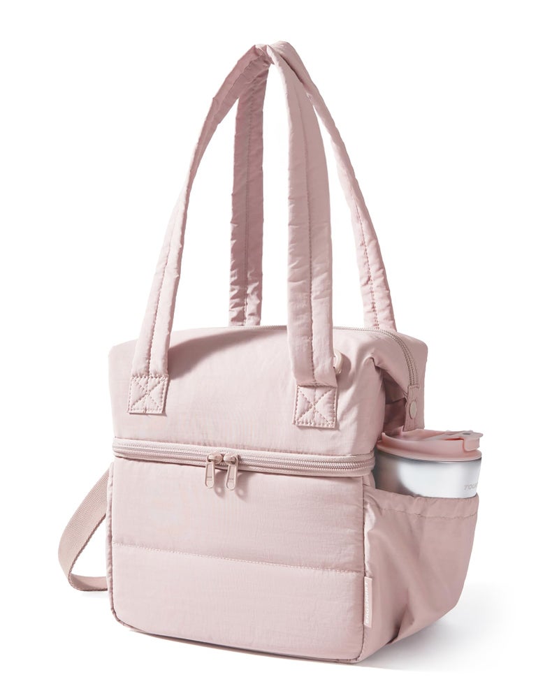 BAGSMART Double Deck Lunch Bag Women Insulated Reusable Lunch Box Quilted Puffer Lunch Tote with Shoulder Strap Durable Large Lunch Cooler For Work Picnic Travel Meal Prep Flight Pink - Image 2