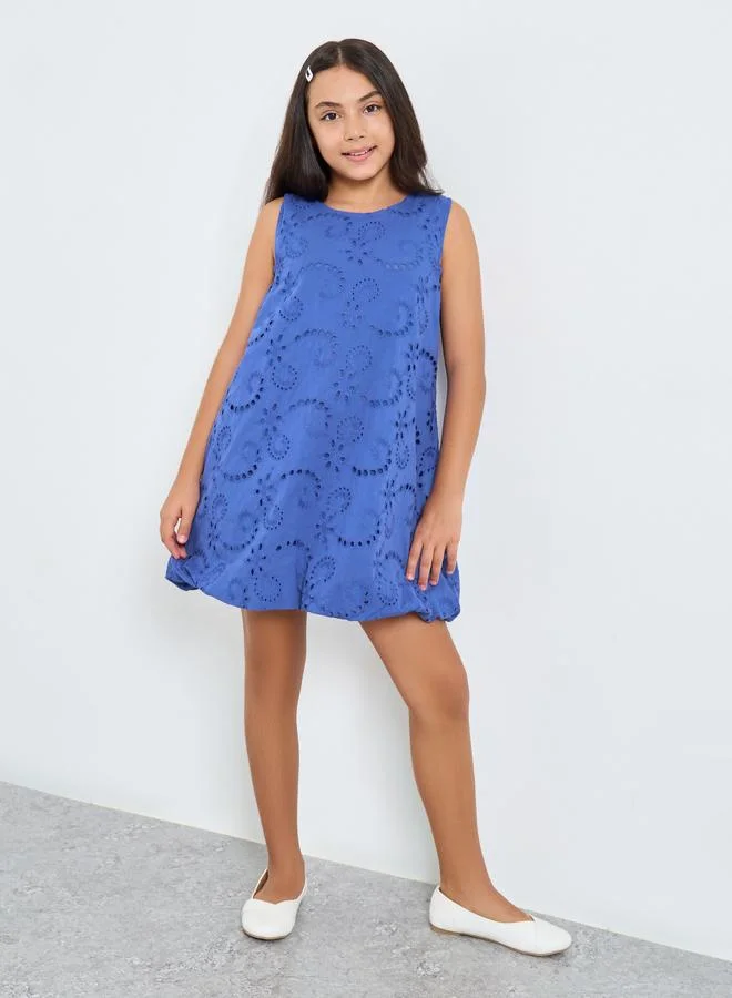 Styli Styli Girls Blue Cotton Schiffli Dress