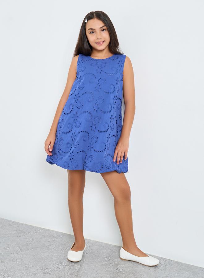 Styli Girls Blue Cotton Schiffli Dress - Image 1