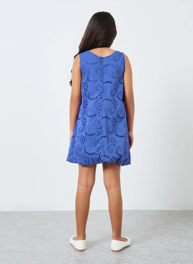 Styli Girls Blue Cotton Schiffli Dress