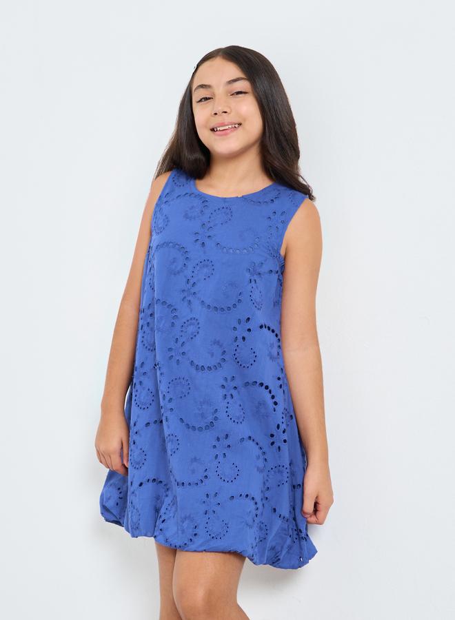 Styli Girls Blue Cotton Schiffli Dress - Image 2