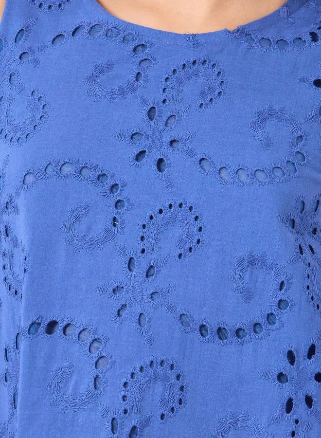 Styli Girls Blue Cotton Schiffli Dress