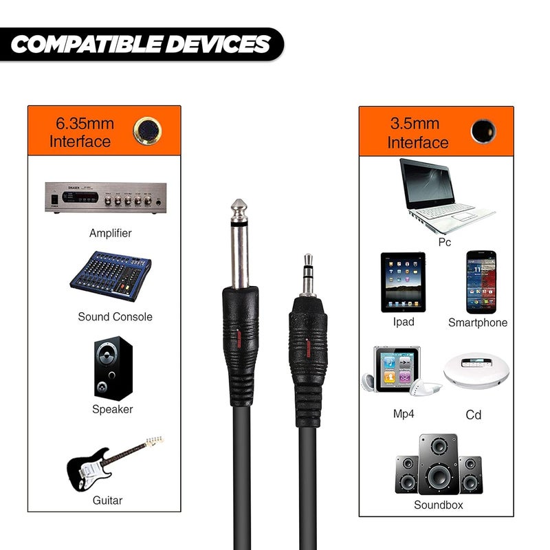 KEBILSHOP كابل مونو بطول 10 أمتار، مقبس ذكر P38 مقاس 6.35 مم (1/4 بوصة) إلى مقبس استريو EP مقاس 3.5 مم لتوصيل مكبر الصوت والغيتار - Image 1