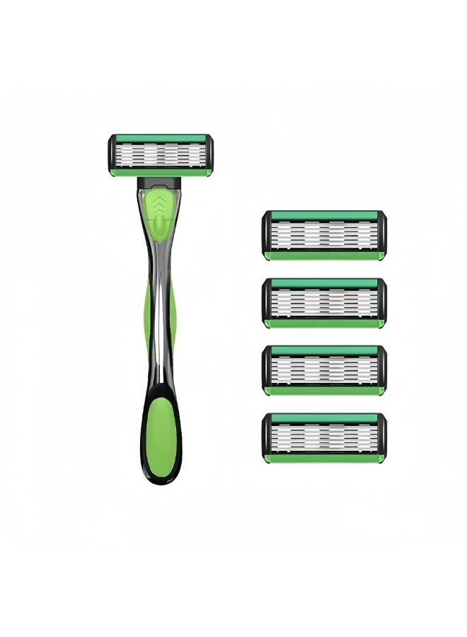 Men's Razor Kit,6-layers Razor, Rubber Handle Razor, Replacement Blades, Shaving Set For Facial Care, 1 Handle + 5 Blades - Image 2