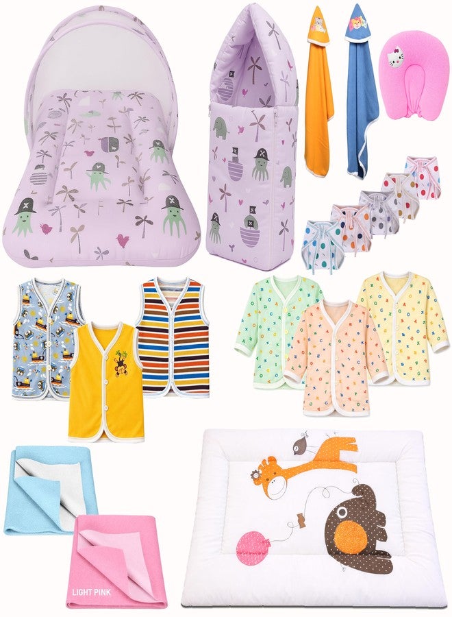Kwitchy Newborn Baby Essentials Kit 19 Items Combo | New Born Baby Products All Set 0–6 Months | Cotton Newborn Clothes, Bedding & Baby Bed Combo (Purple) - Image 1