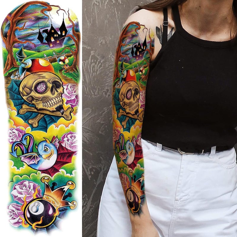 Briyhose Multiple sizes Colorful Realistic Temporary Tattoo Sleeves For Kid, Full Arm Large Skull Fish Watercolor Fake Sleeve Tattoos Kid Women, Halloween Pumpkin Temp Tatoo Sticker Boy Girl Party Body Art Makeup, 6-Sheet Mountain region eligible ship - Image 3