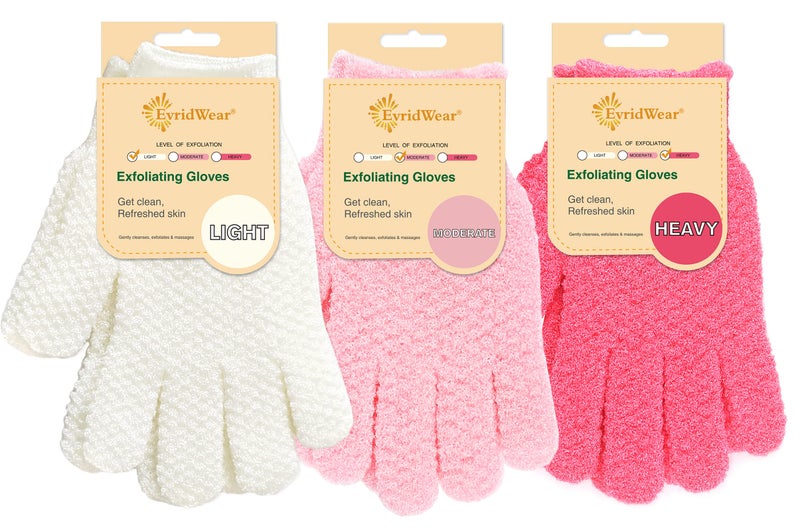 Evridwear Exfoliating Gloves for Shower, 100% Nylon Thick Soft Medium Heavy Bathing Gloves Dead Skin Remover Body Scrubber Smooth Skin with Hang Loop, 3 Pairs - Image 1