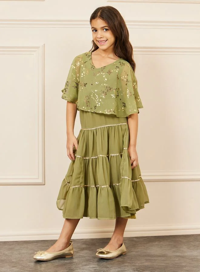 Styli Foil Print Cape Sleeves Tiered Midi Dress