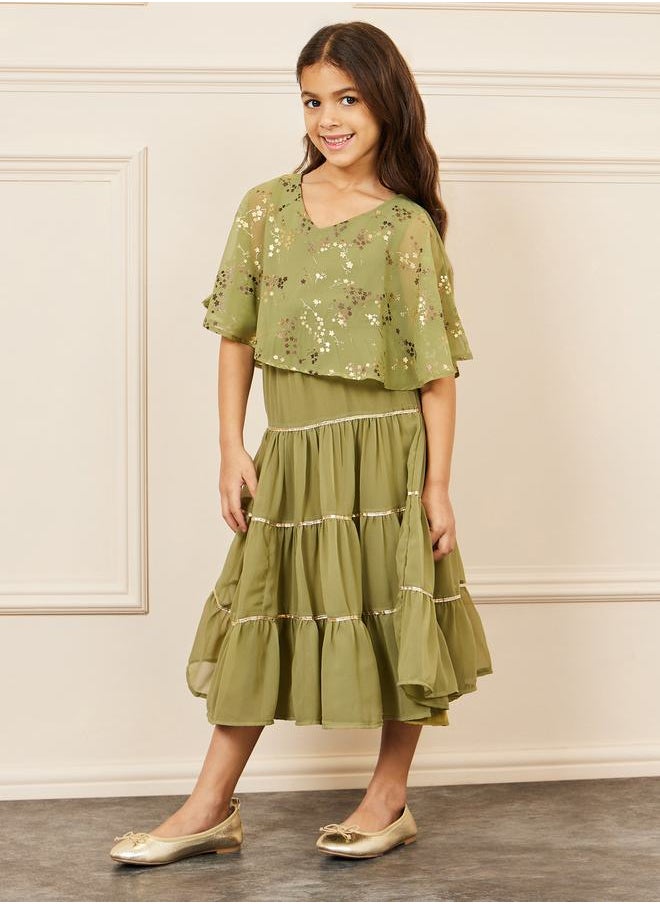 Styli - Foil Print Cape Sleeves Tiered Midi Dress - Image 1