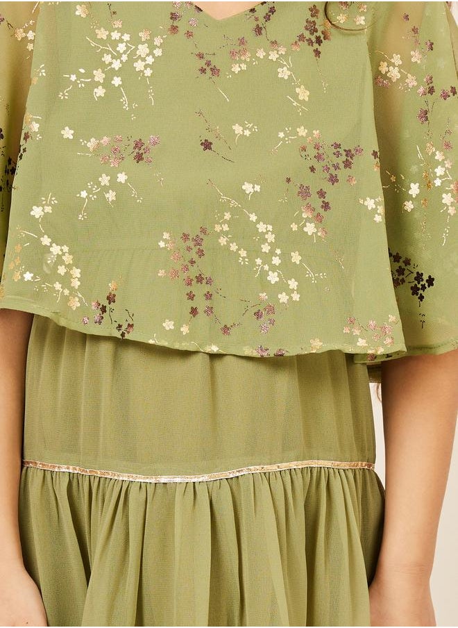 Styli - Foil Print Cape Sleeves Tiered Midi Dress - Image 1