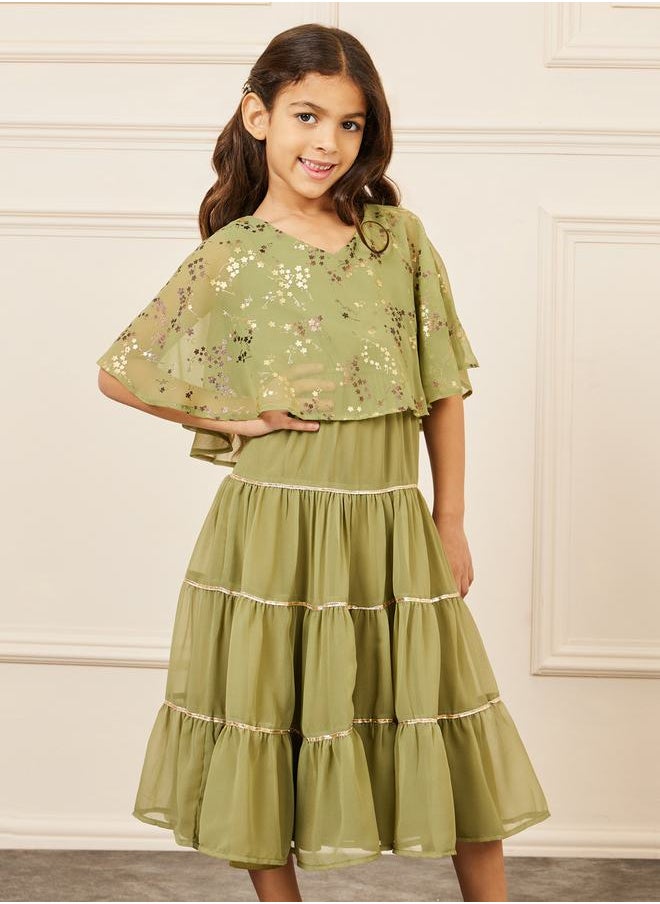 Styli - Foil Print Cape Sleeves Tiered Midi Dress - Image 1