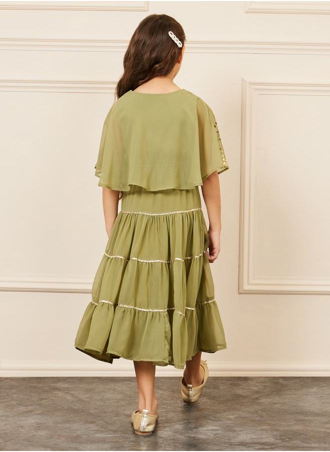 Styli - Foil Print Cape Sleeves Tiered Midi Dress - Image 1