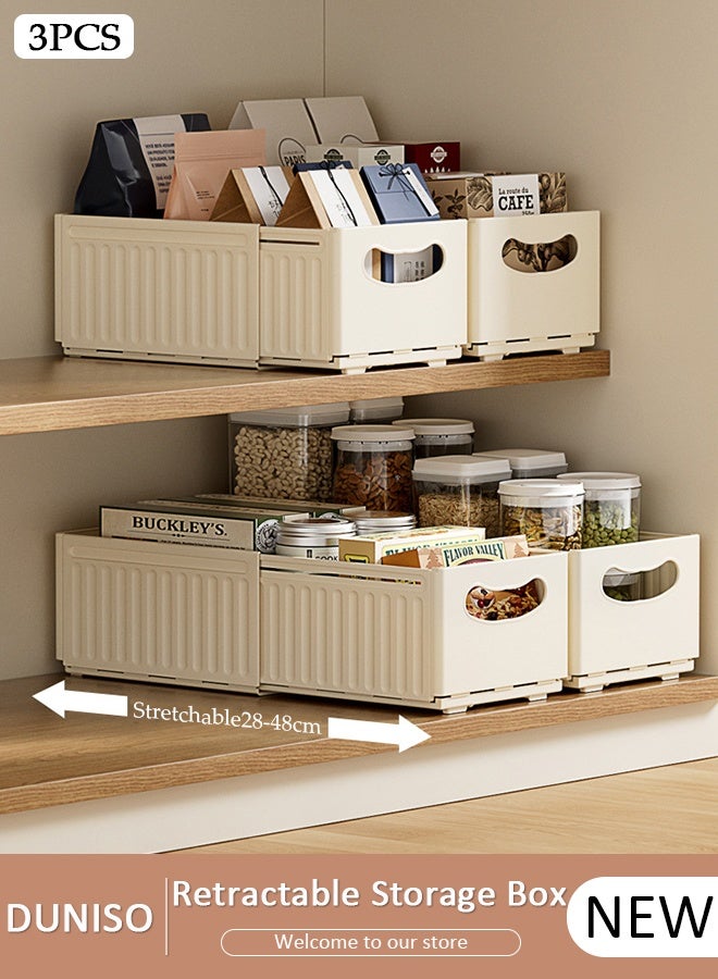 DUNISO 3PCS Retractable Storage Box, Foldable Multi Purpose Expandable Stackable Bins with Handles,Drawer Organizers for Closet Pantry Fridge, Sturdy Plastic Basket, Easy Assembled,for Kitchen, Refrigerator, Cabinets,Wardrobes, Bathroom, Office - Image 1