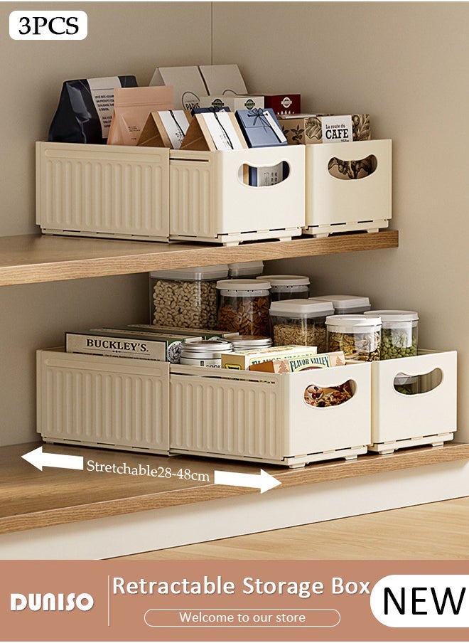 DUNISO 3PCS Retractable Storage Box, Foldable Multi Purpose Expandable Stackable Bins with Handles,Drawer Organizers for Closet Pantry Fridge, Sturdy Plastic Basket, Easy Assembled,for Kitchen, Refrigerator, Cabinets,Wardrobes, Bathroom, Office  - Image 1
