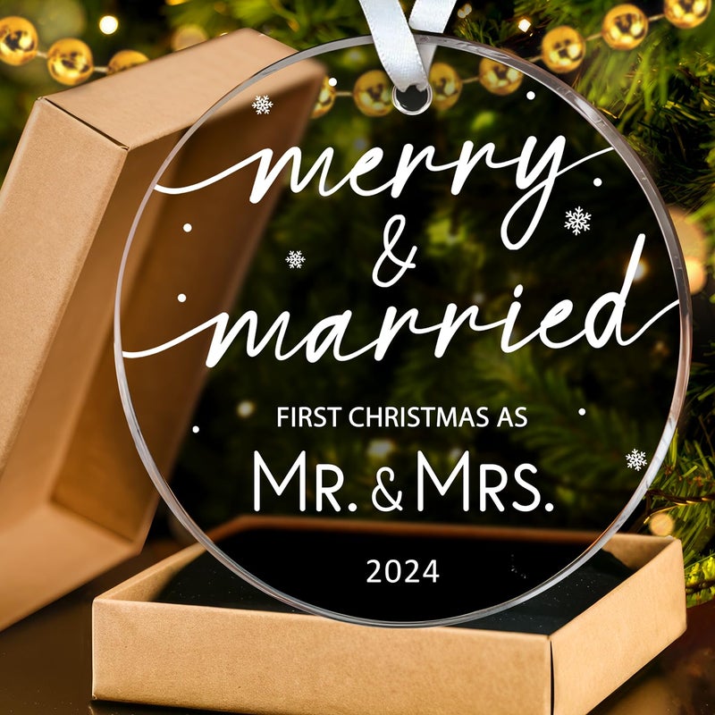 HEXMOZ First Christmas Married Ornament  Wedding Gifts for Couples  Just Married Mr and Mrs Gift for Newlyweds Bride Gift Bridal Shower Gifts for Bride  Wedding Ornament
