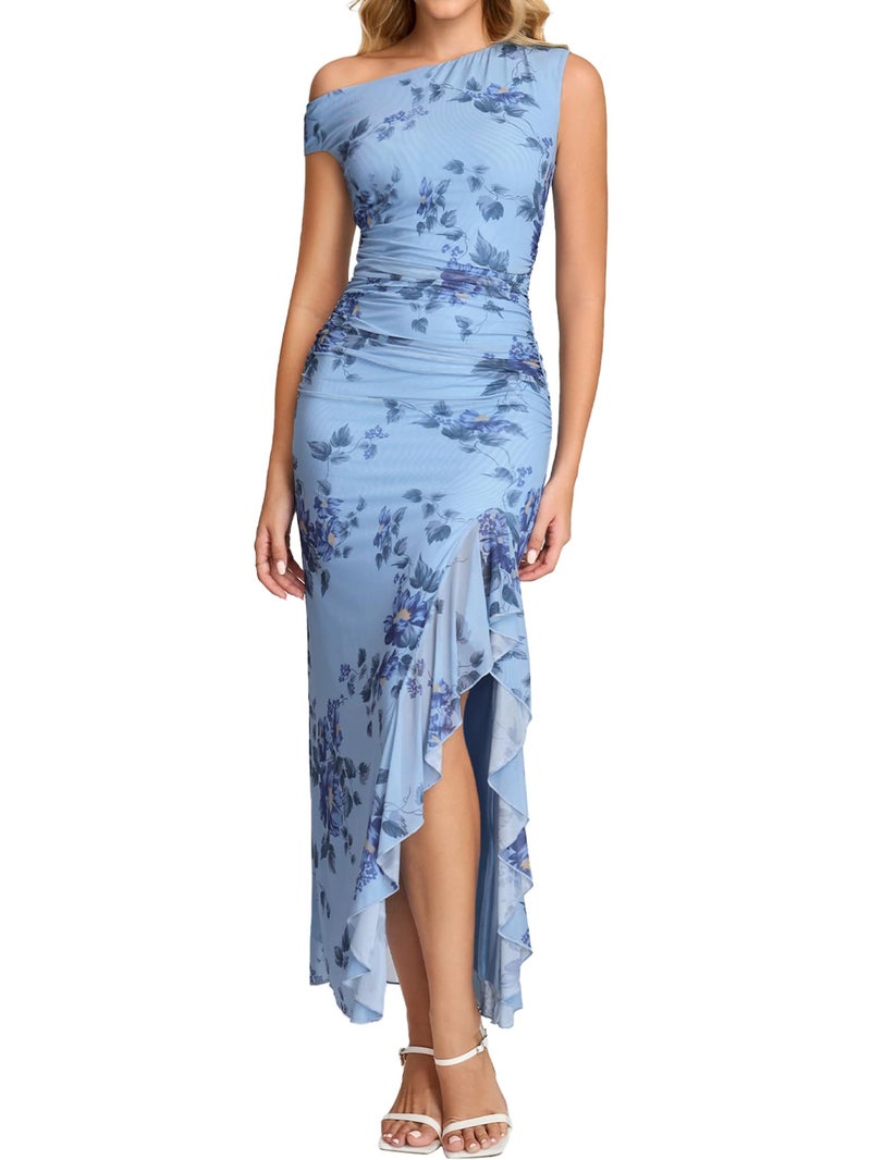 HTZMO One Shoulder Floral Wedding Guest Long Dress Summer Formal Elegant Ruffled Slit Bodycon Maxi Dresses for Women BlueFloral M - Image 1