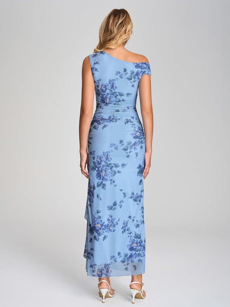 HTZMO One Shoulder Floral Wedding Guest Long Dress Summer Formal Elegant Ruffled Slit Bodycon Maxi Dresses for Women BlueFloral M - Image 3