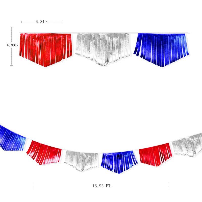 pinkblume Blue Red Silver Tassel Banner Metallic Fabric Pennant Bunting Flag for 4th of July American USA National Day Patriotic Veterans Graduation Wedding Birthday Retirement Nautical Party Decorations - Image 2