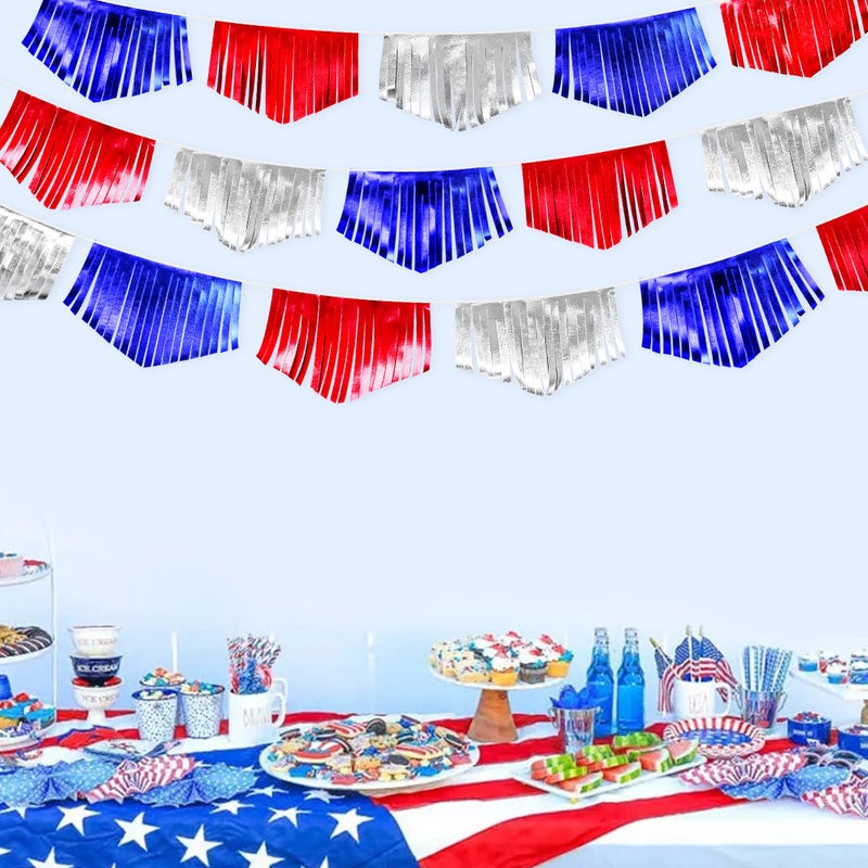 pinkblume Blue Red Silver Tassel Banner Metallic Fabric Pennant Bunting Flag for 4th of July American USA National Day Patriotic Veterans Graduation Wedding Birthday Retirement Nautical Party Decorations - Image 1