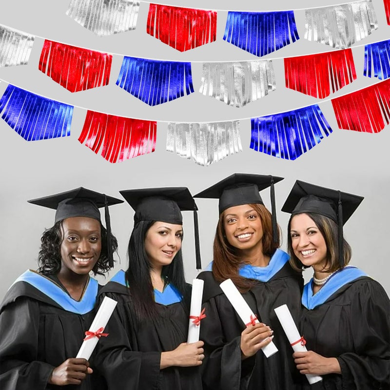 pinkblume Blue Red Silver Tassel Banner Metallic Fabric Pennant Bunting Flag for 4th of July American USA National Day Patriotic Veterans Graduation Wedding Birthday Retirement Nautical Party Decorations - Image 4