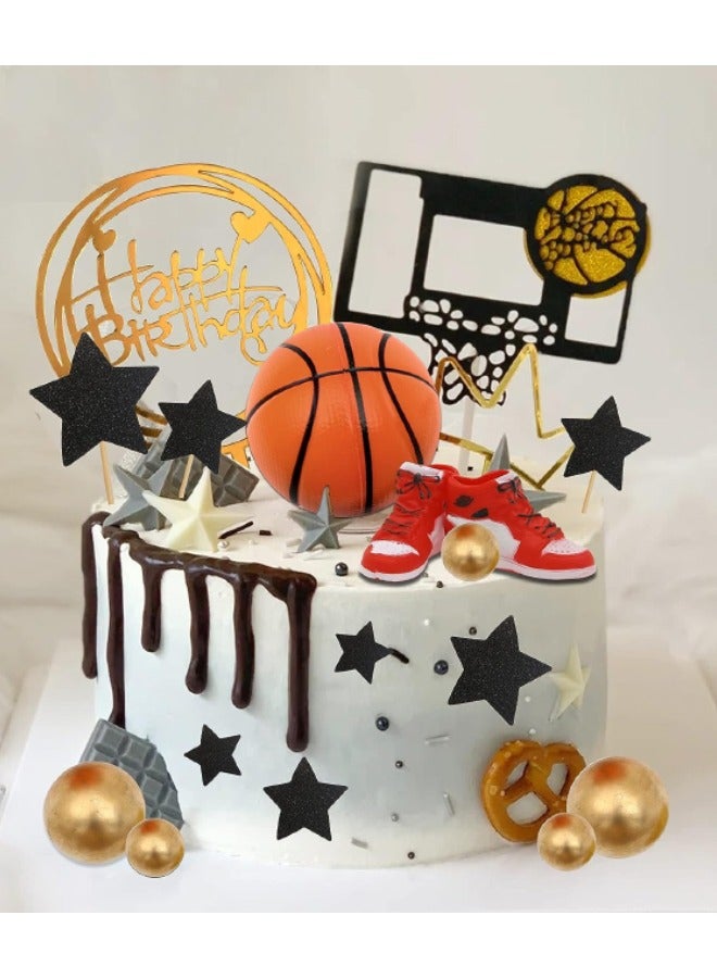 Basketball Theme Cake Topper, Basketball Cupcake Toppers, Happy Birthday Cake Picks Basketball Theme Party Cake Decorations, Basketball Party Theme Decorations for Baby Shower Party Favors Game Day Party Supplies (15PCS)  - Image 1
