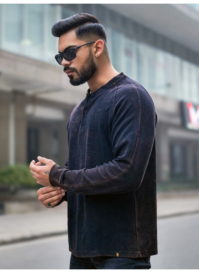 Maniac Maniac Mens Acid Wash Round Neck Full Sleeve Black Waffle Fabric T-Shirt  - Image 4