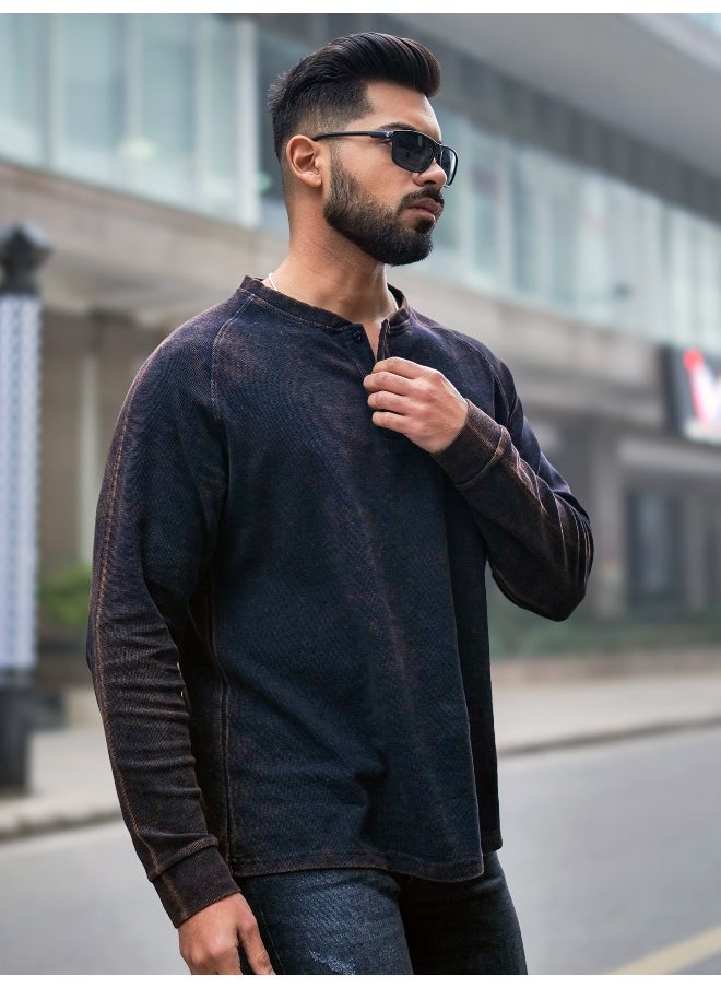 Maniac Maniac Mens Acid Wash Round Neck Full Sleeve Black Waffle Fabric T-Shirt  - Image 3