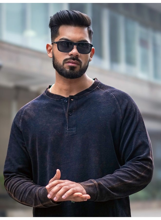 Maniac Maniac Mens Acid Wash Round Neck Full Sleeve Black Waffle Fabric T-Shirt  - Image 1