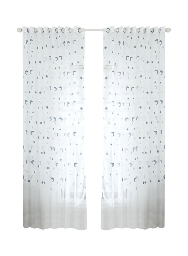 NIBEMINENT 2-Piece Star And Moon Embroidered Sheer Window Curtain Set White/Blue 102x55inch - Image 1