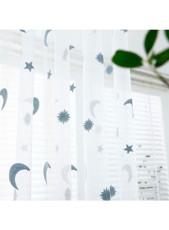 NIBEMINENT 2-Piece Star And Moon Embroidered Sheer Window Curtain Set White/Blue 102x55inch - Image 2