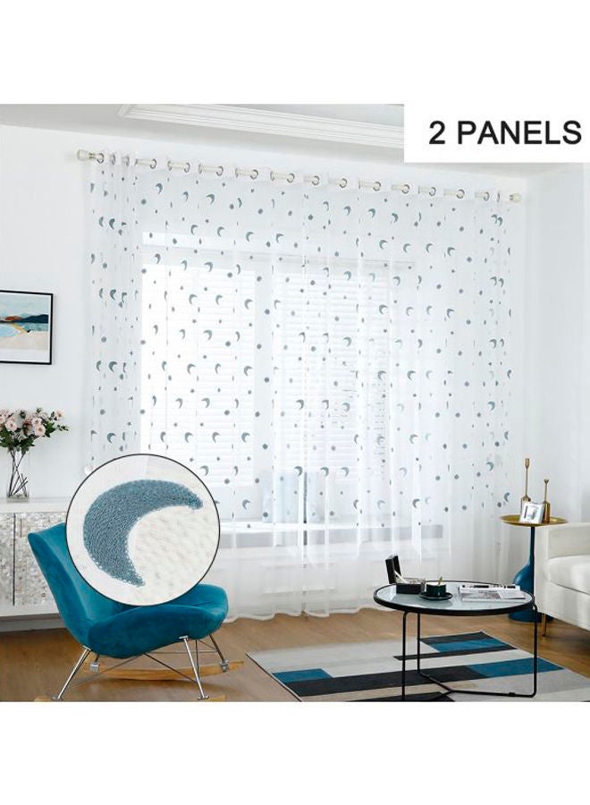 NIBEMINENT 2-Piece Star And Moon Embroidered Sheer Window Curtain Set White/Blue 102x55inch - Image 5
