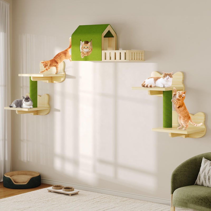 DWVO Cat Wall Shelves and Perches for Wall, Solid Wood Wall Mounted Cat Furniture, Set of 7 Cats Climbing Shelves for Large Cats with Green Wall House and Fence, Steps, Scratching Posts - Image 1