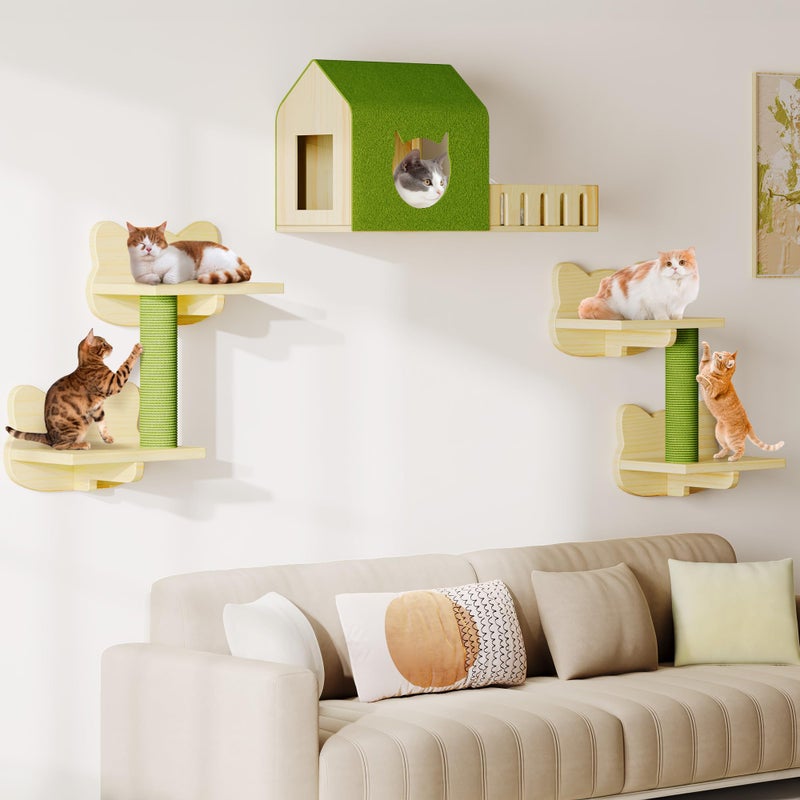 DWVO Cat Wall Shelves and Perches for Wall, Solid Wood Wall Mounted Cat Furniture, Set of 7 Cats Climbing Shelves for Large Cats with Green Wall House and Fence, Steps, Scratching Posts - Image 2