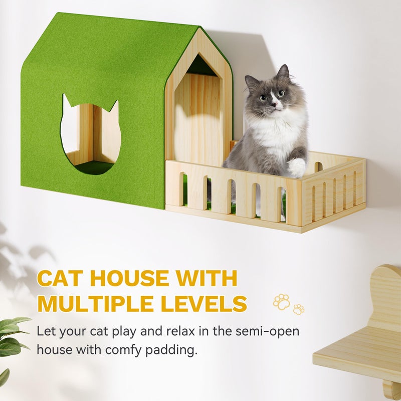 DWVO Cat Wall Shelves and Perches for Wall, Solid Wood Wall Mounted Cat Furniture, Set of 7 Cats Climbing Shelves for Large Cats with Green Wall House and Fence, Steps, Scratching Posts - Image 4