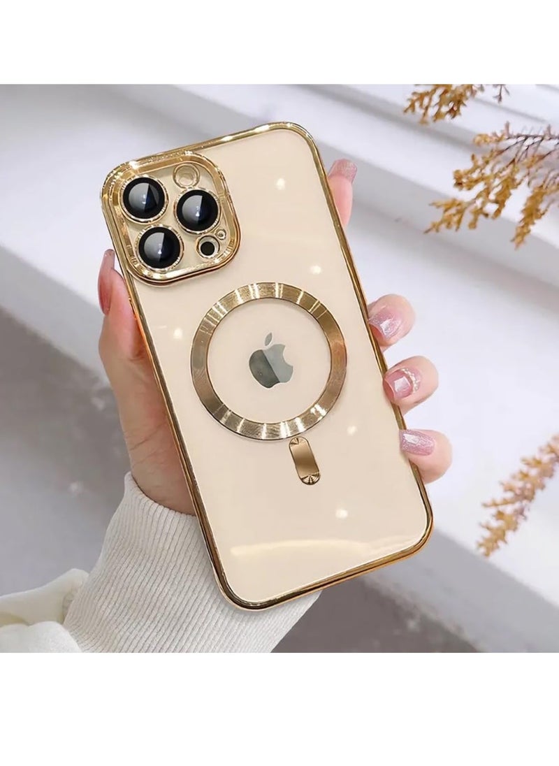 Raxoom Magnetic Case for iPhone 14 Pro Max Case [Compatible with MagSafe] Camera Lens Protector Plating Luxury Cover for Women Men Clear Soft TPU Shockproof Protective Phone Case - Gold - Image 1