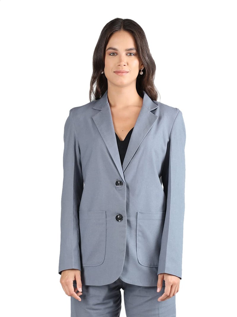 CHKOKKO Women Solid Single Breasted Formal Blazer Blue Melange 3XL - Image 1
