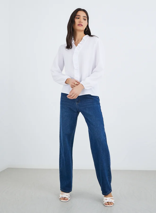 Take Two Take Two Solid V Neck Ruffle Detail Top