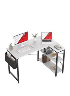 AGD L Shaped Computer Desk, L-Shaped Corner Desk with Reversible Storage Shelves for Home Office Workstation, Modern Simple Style Writing Desk Table with Storage Bag  - Image 1